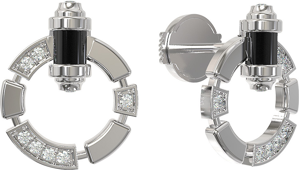 Серьги-пусеты ART DECO из белого золота 585 пробы с ониксом и бриллиантами