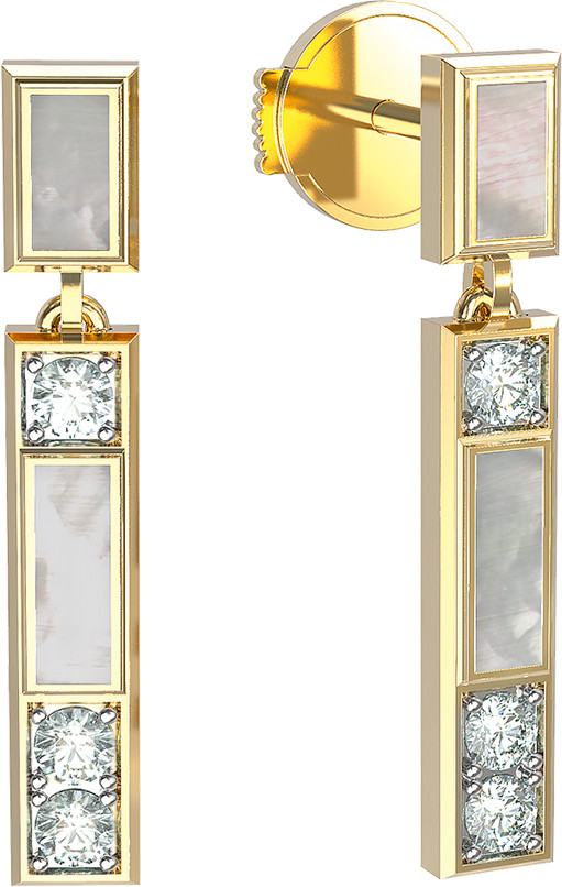 Серьги-пусеты ART DECO из лимонного золота 585 пробы с перламутром и бриллиантами
