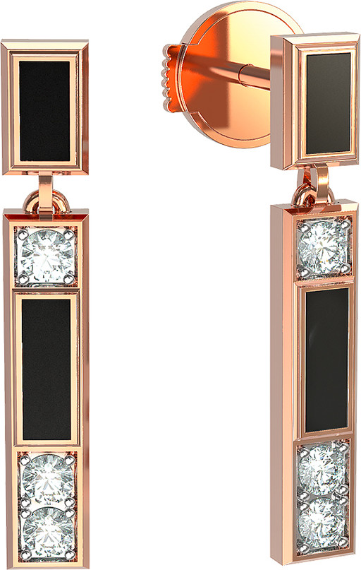 Серьги-пусеты ART DECO из красного золота 585 пробы с ониксом и бриллиантами