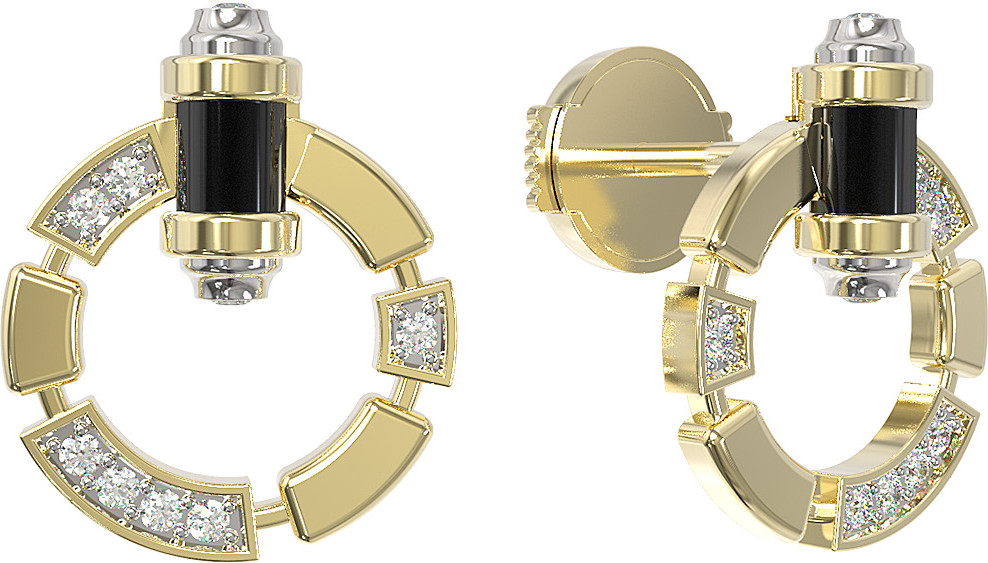 Серьги-пусеты ART DECO из лимонного золота 585 пробы с ониксом и бриллиантами