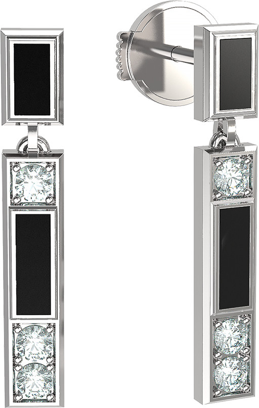Серьги-пусеты ART DECO из белого золота 585 пробы с ониксом и бриллиантами